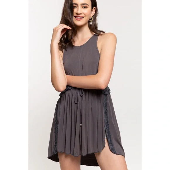 POL Charcoal Sleeveless Crochet Trimmed Babydoll Tunic Top - Picture 6 of 10